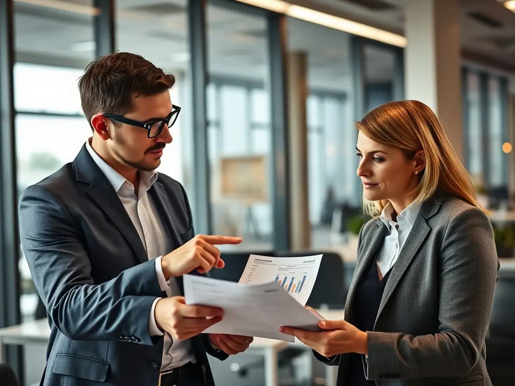 A professional accountant reviewing financial statements with a small business owner in a modern office setting, emphasizing collaboration and expertise.