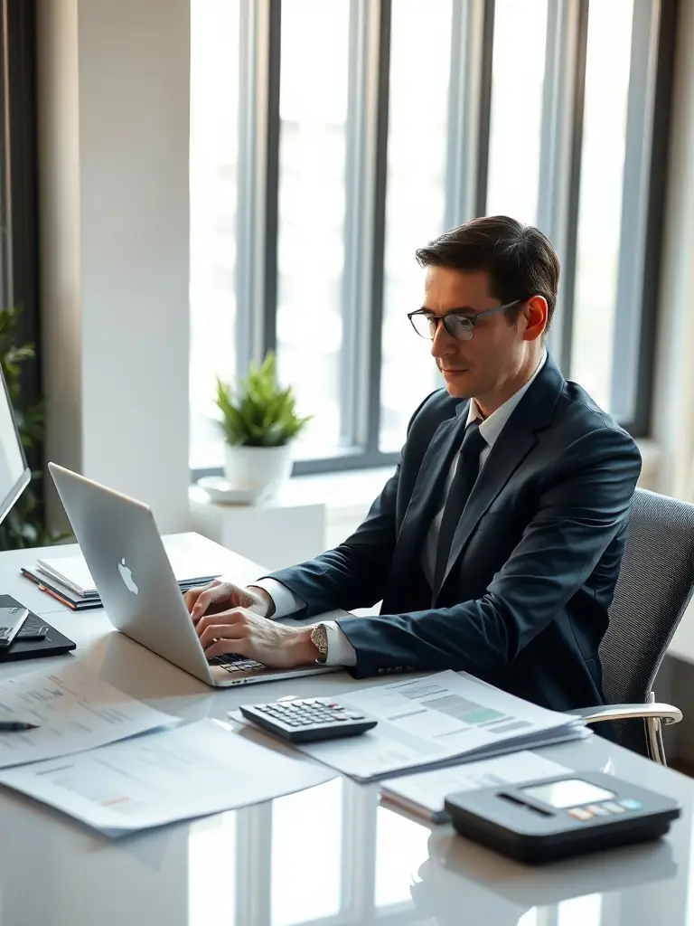 A professional accountant working on a laptop in a modern office setting, reviewing financial statements and preparing tax documents for a small business client.